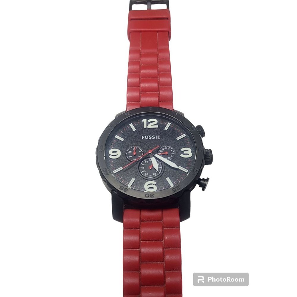 Fossil Nate JR1422 Chronograph Black Face White Accents and Red Band A7